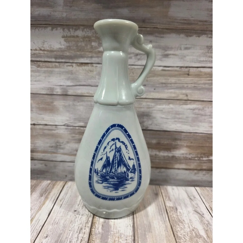 Vintage White Ceramic Pitcher Vase Blue Nautical‎ Sailboat Scene Handle Raised